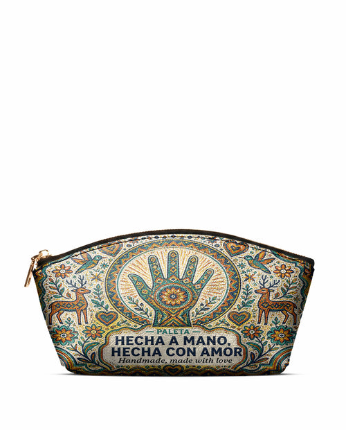 "Hecha a mano, hecha con amor" ver.3 Eclipse Makeup Bag - front view | Paleta Bags