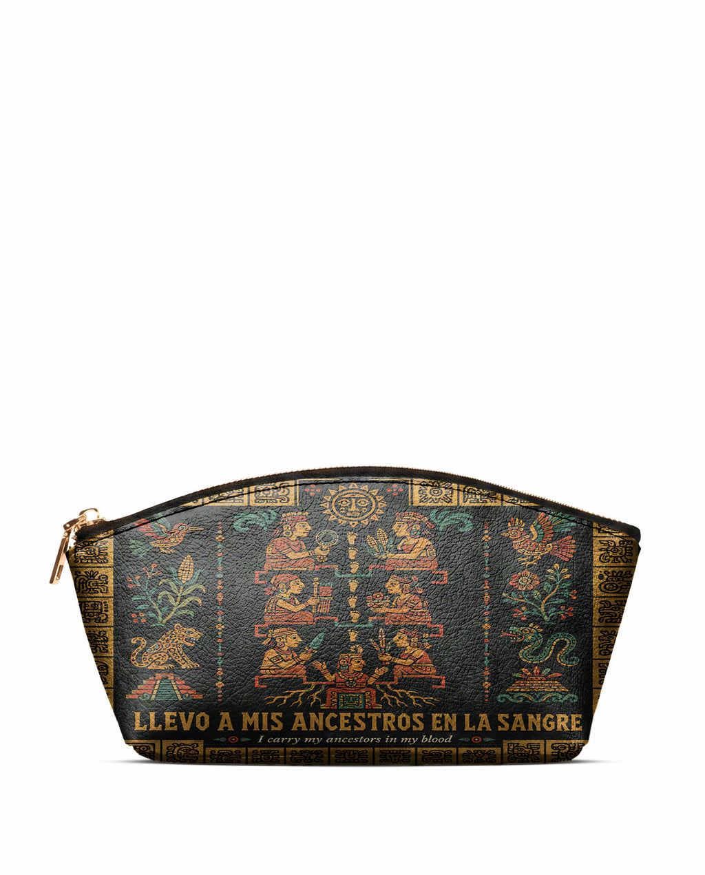 "Llevo a mis ancestros en la sangre" ver.2 Eclipse Makeup Bag - front view | Paleta Bags