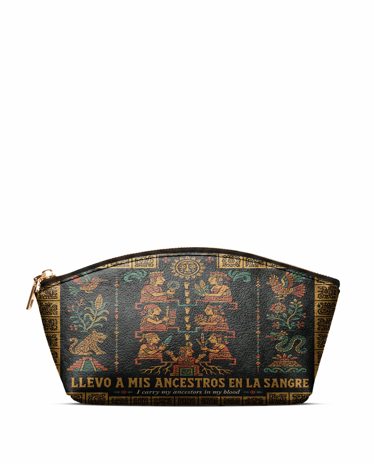 "Llevo a mis ancestros en la sangre" ver.2 Eclipse Makeup Bag - front view | Paleta Bags