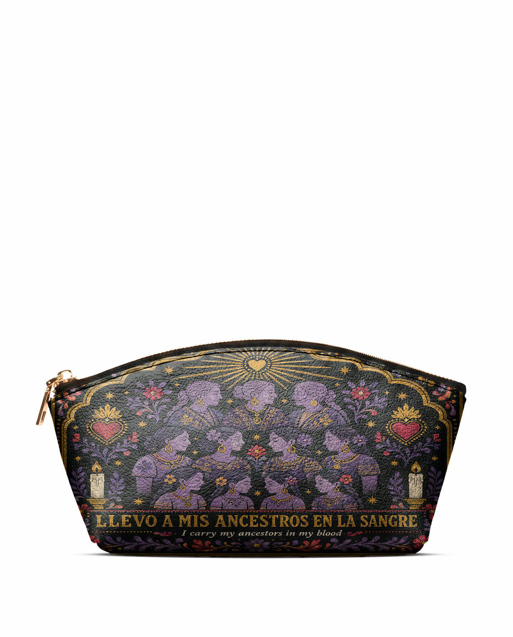 "Llevo a mis ancestros en la sangre" ver.3 Eclipse Makeup Bag - front view | Paleta Bags