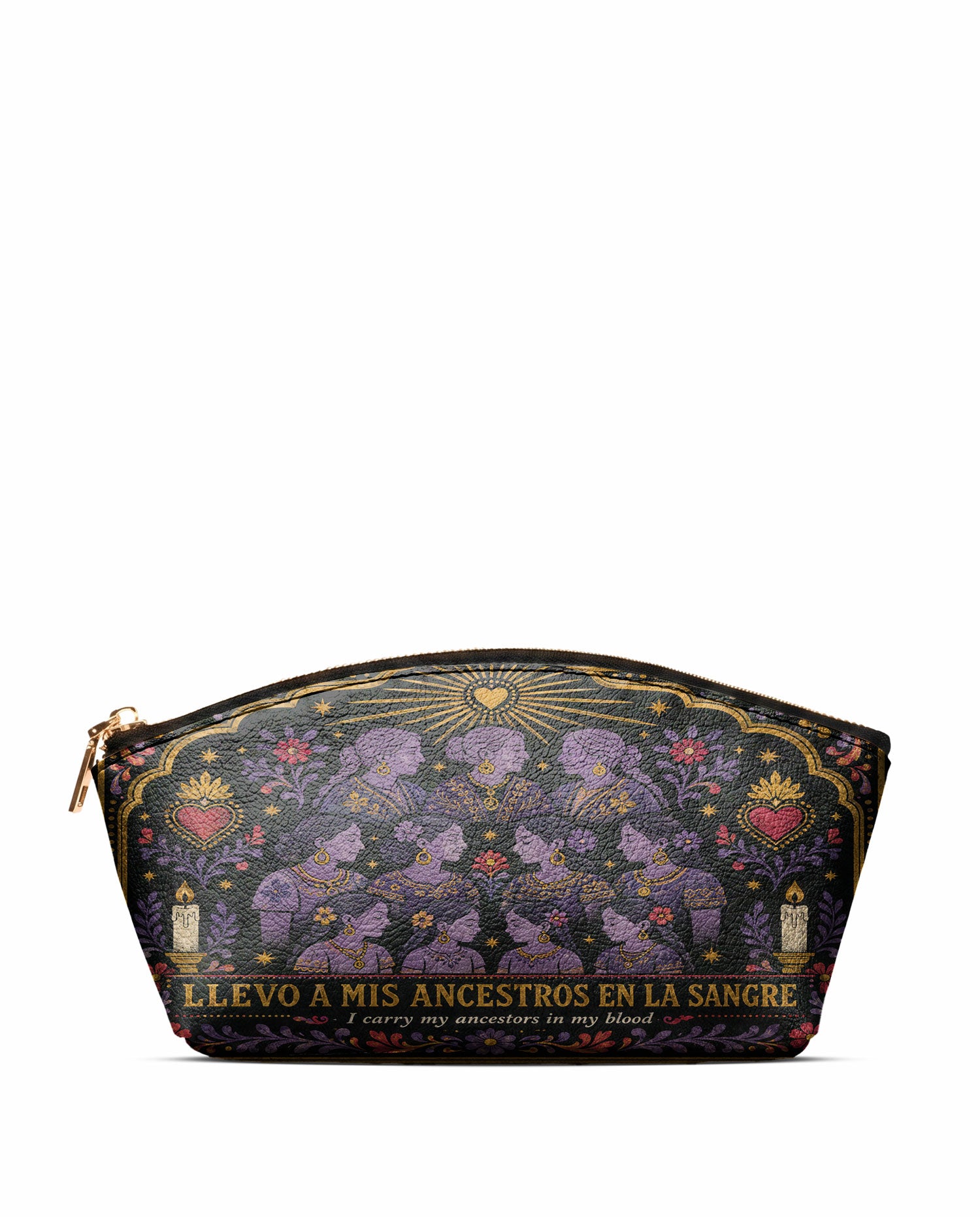 "Llevo a mis ancestros en la sangre" ver.3 Eclipse Makeup Bag - front view | Paleta Bags