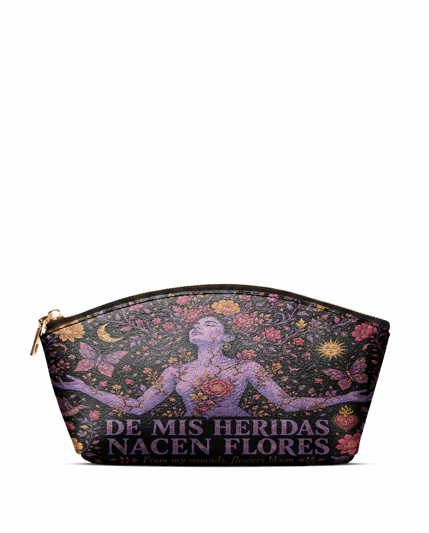 "De mis heridas nacen flores" ver.5 Eclipse Makeup Bag - front view | Paleta Bags