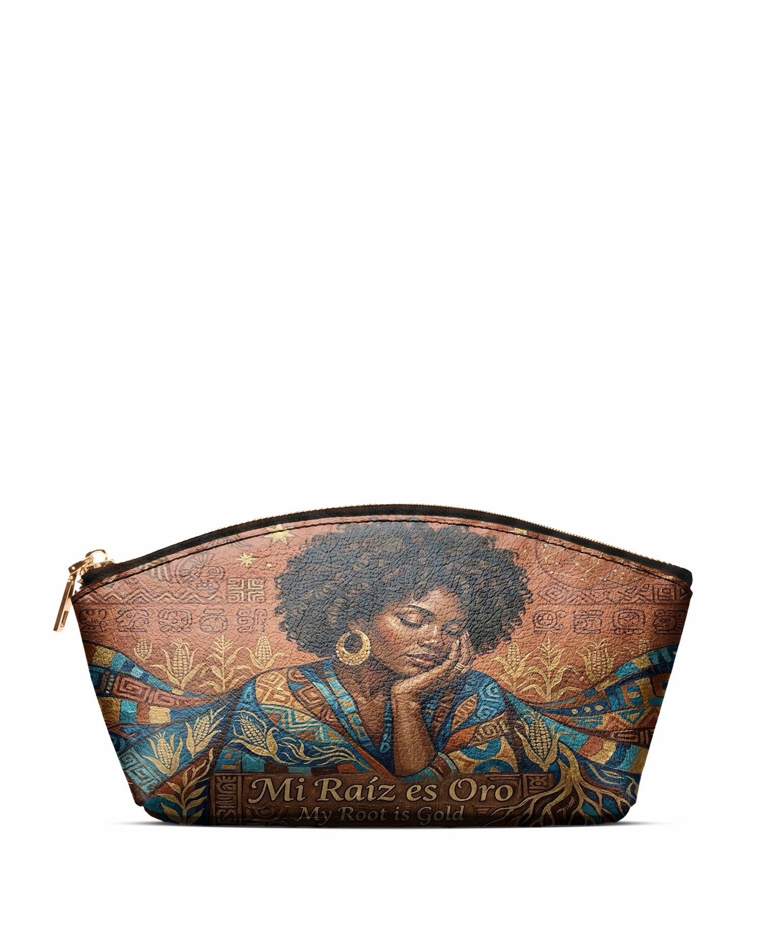 "Mi Raíz es Oro" ver.4 Eclipse Makeup Bag - front view | Paleta Bags