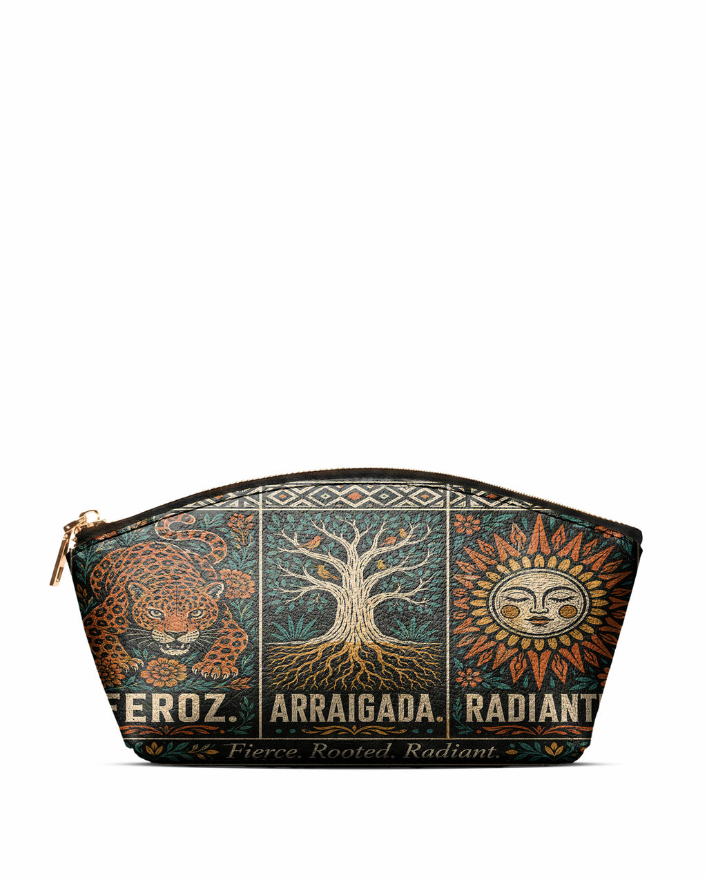 "Feroz. Arraigada. Radiante" ver.1 Eclipse Makeup Bag - front view | Paleta Bags