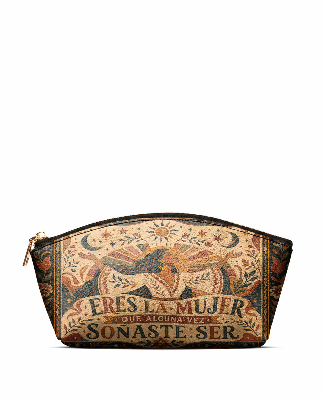 "Eres la mujer que alguna vez soñaste ser" ver.1 Eclipse Makeup Bag - front view | Paleta Bags