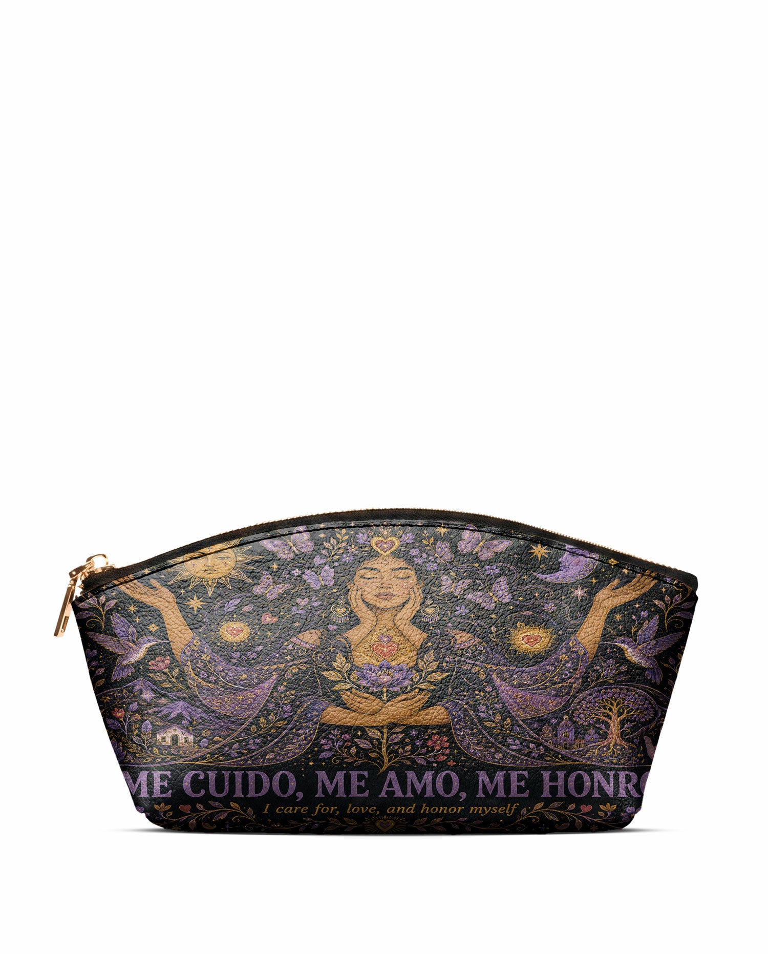 "Me cuido, me amo, me honro" ver.2 Eclipse Makeup Bag - front view | Paleta Bags