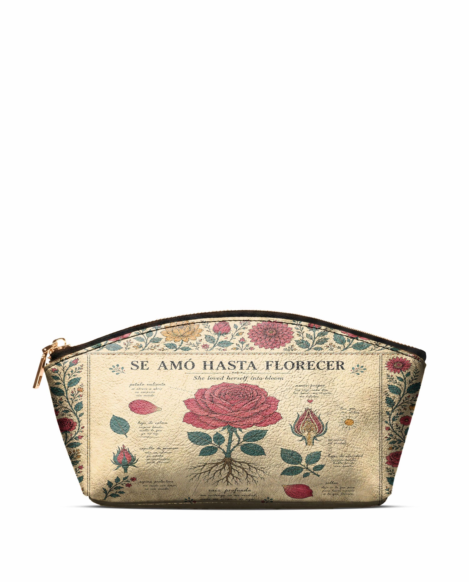 "Se amó hasta florecer" ver.5 Eclipse Makeup Bag - front view | Paleta Bags