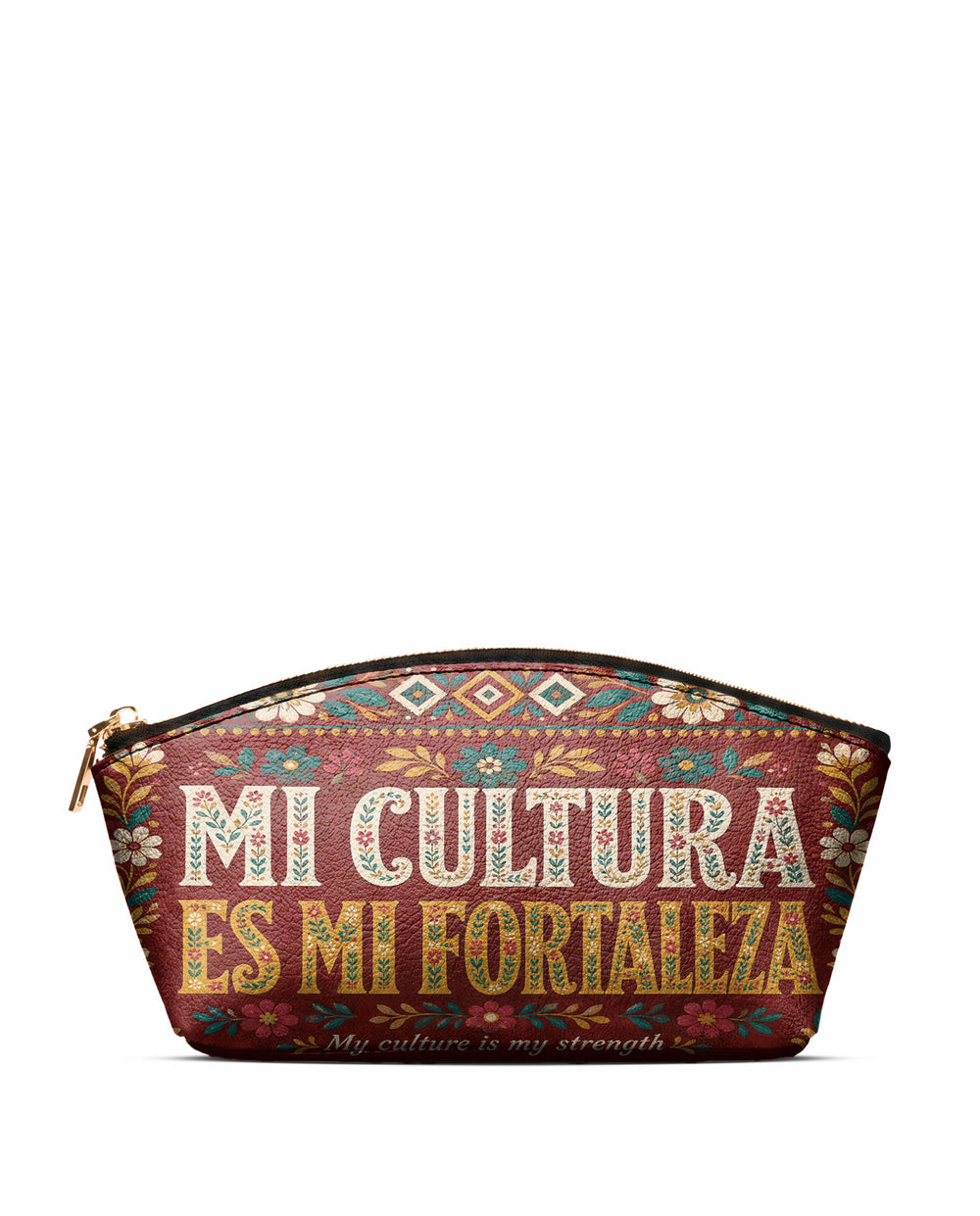 "Mi cultura es mi fortaleza" ver.6 Eclipse Makeup Bag - front view | Paleta Bags