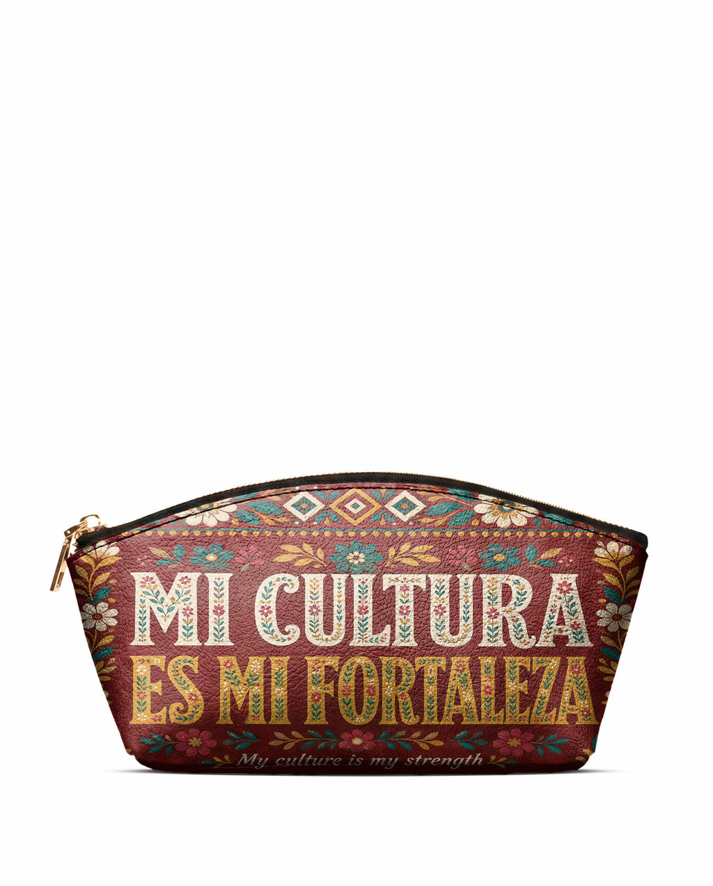 "Mi cultura es mi fortaleza" ver.6 Eclipse Makeup Bag - front view | Paleta Bags