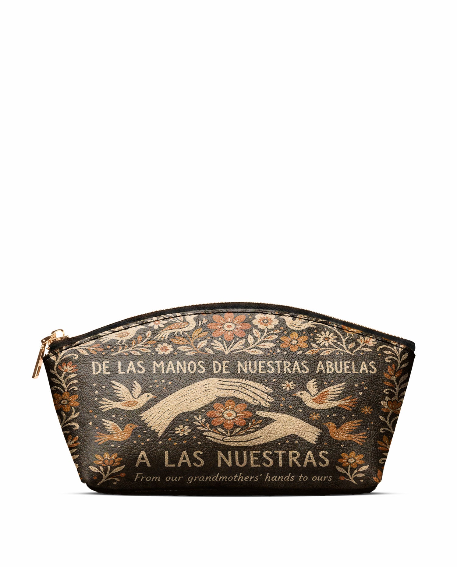"De las manos de nuestras abuelas a las nuestras" ver.2 Eclipse Makeup Bag - front view | Paleta Bags