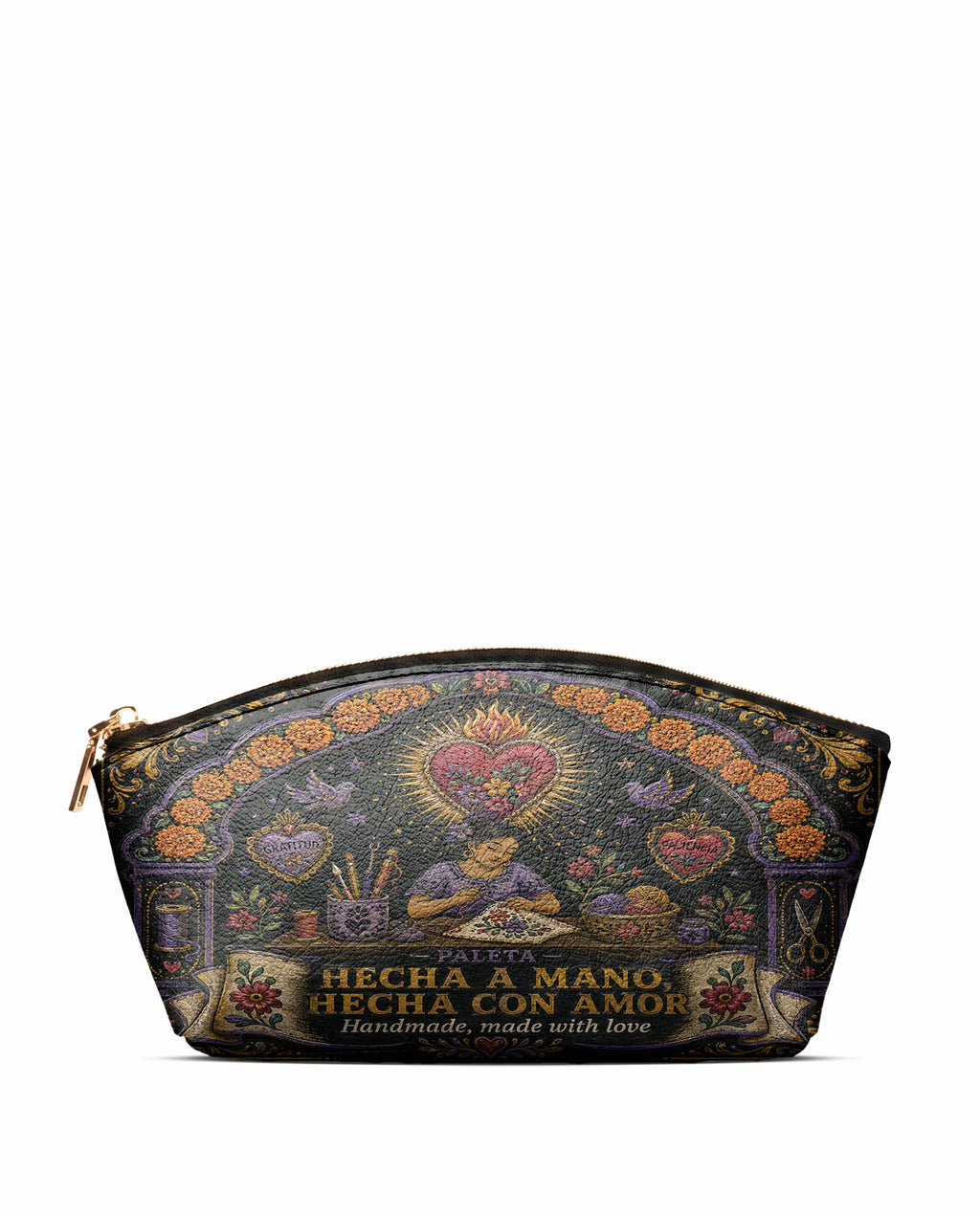 "Hecha a mano, hecha con amor" ver.5 Eclipse Makeup Bag - front view | Paleta Bags
