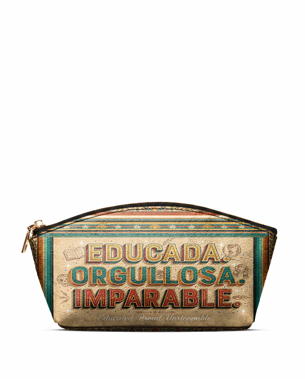 "Educada. Orgullosa. Imparable" ver.4 Eclipse Makeup Bag - front view | Paleta Bags