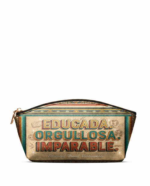 "Educada. Orgullosa. Imparable" ver.4 Eclipse Makeup Bag - front view | Paleta Bags