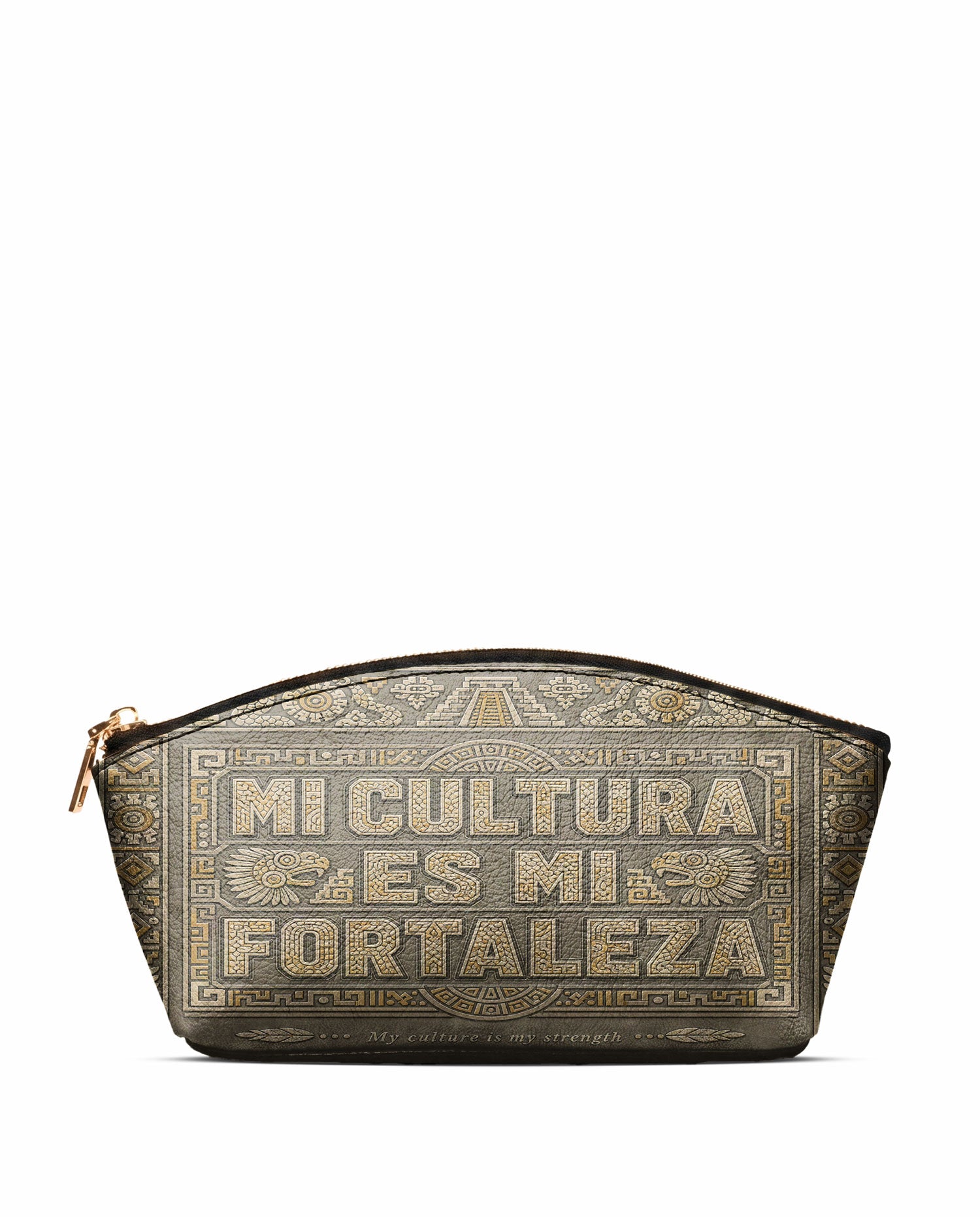 "Mi cultura es mi fortaleza" ver.5 Eclipse Makeup Bag - front view | Paleta Bags
