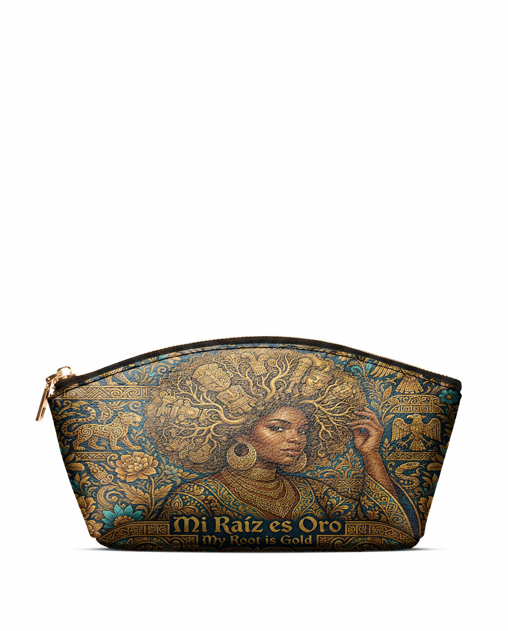 "Mi Raíz es Oro" ver.2 Eclipse Makeup Bag - front view | Paleta Bags