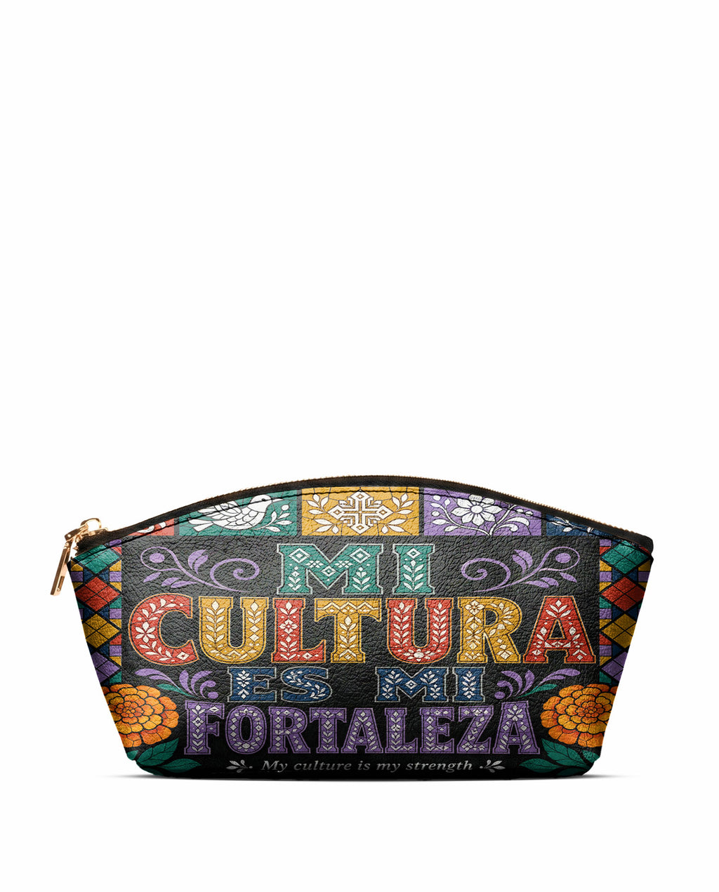 "Mi cultura es mi fortaleza" ver.4 Eclipse Makeup Bag - front view | Paleta Bags