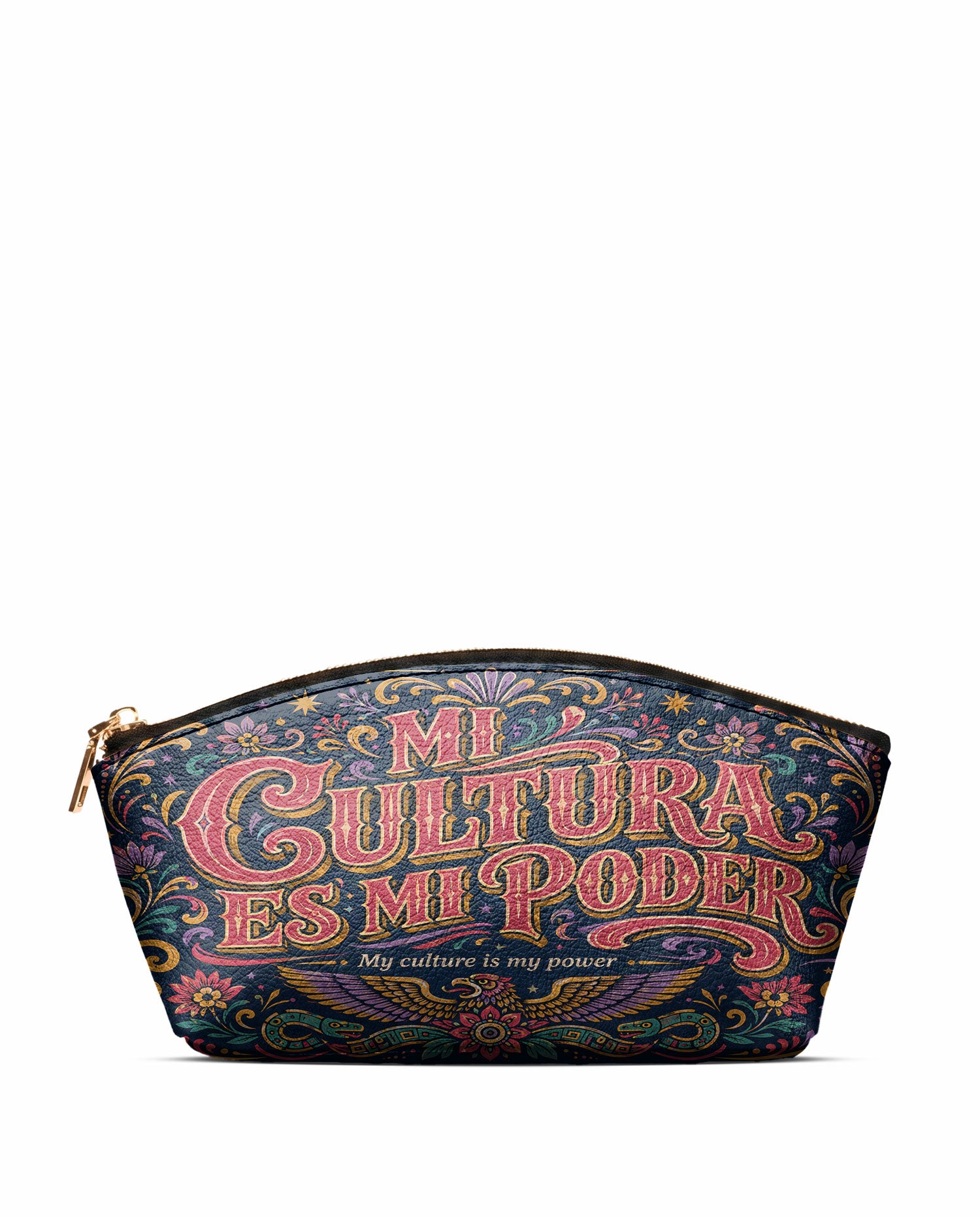 "Mi cultura es mi poder" ver.2 Eclipse Makeup Bag - front view | Paleta Bags