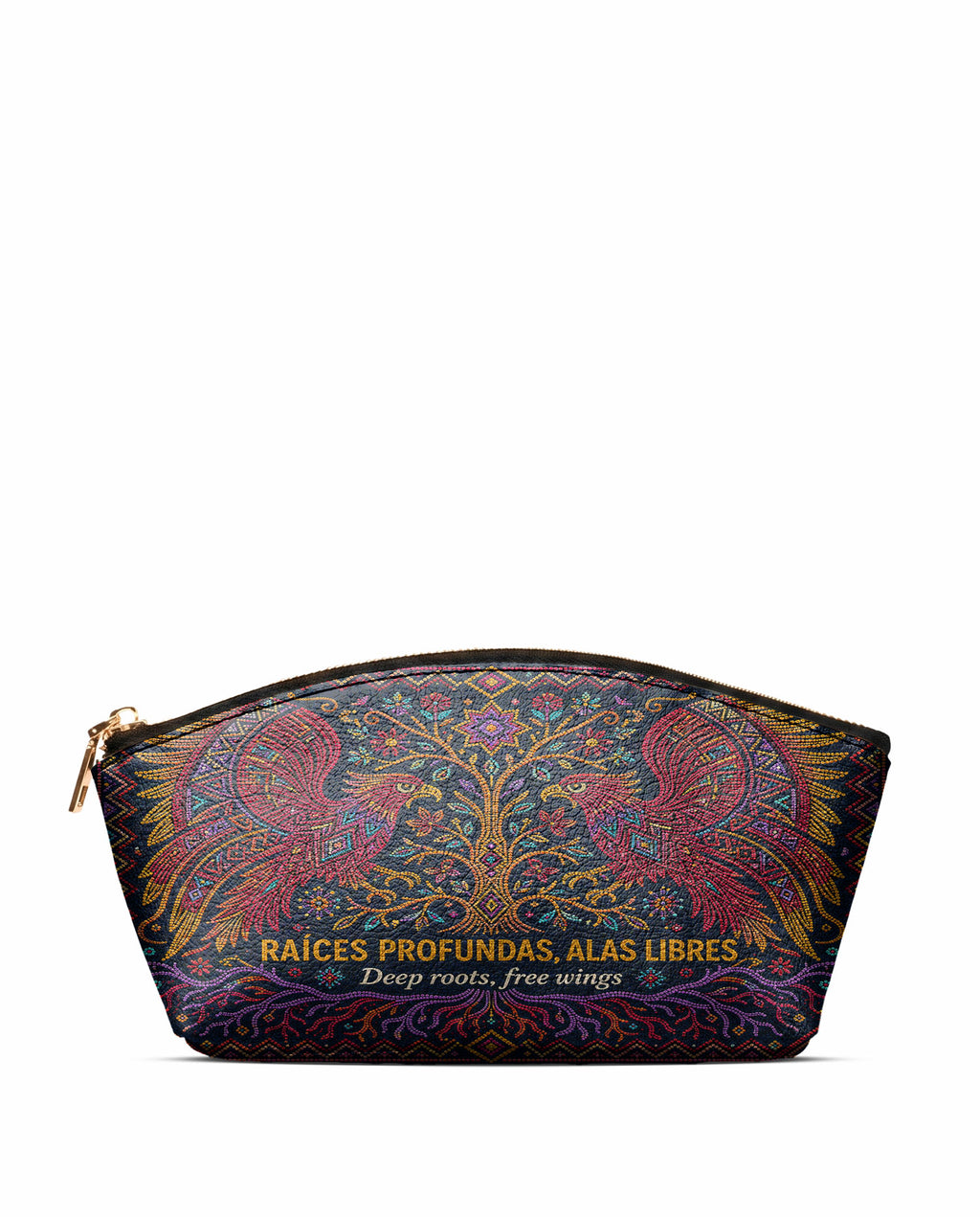 "Raíces profundas, alas libres" ver.1 Eclipse Makeup Bag - front view | Paleta Bags