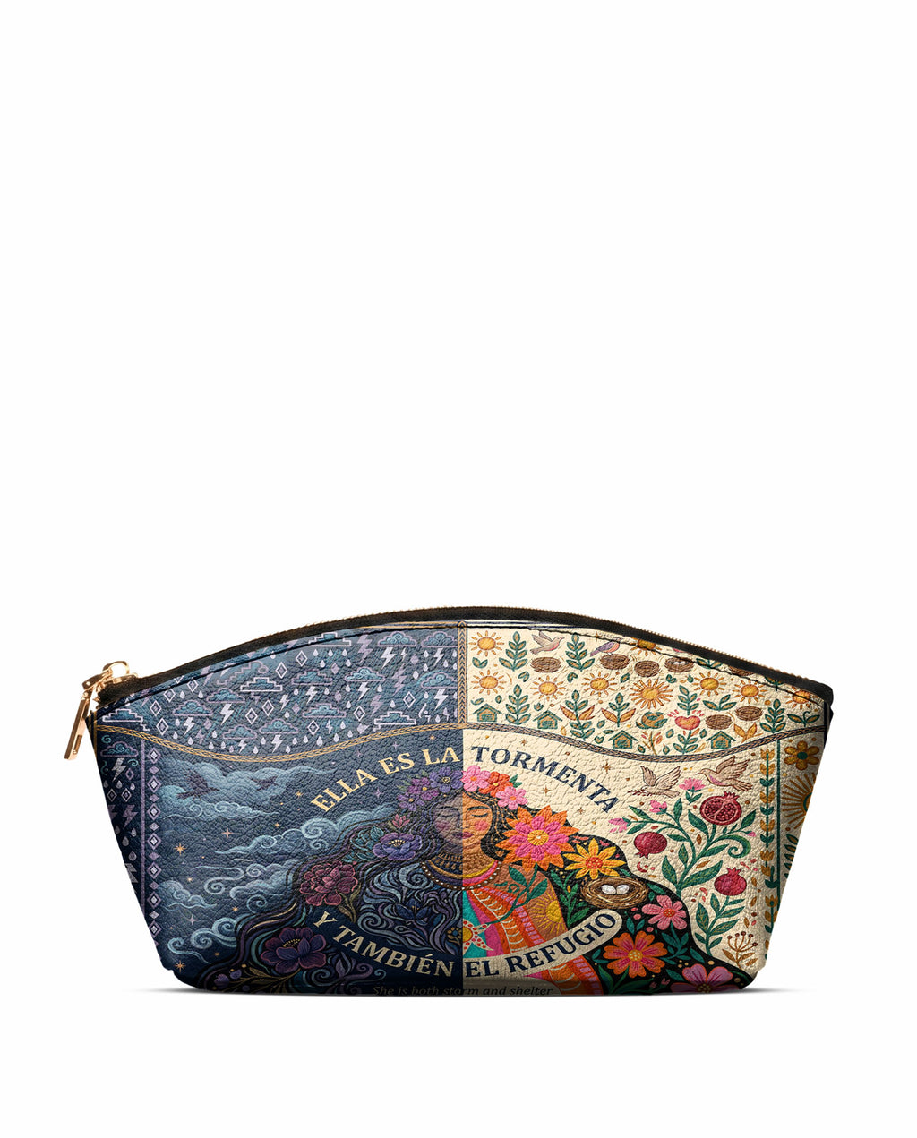 "Ella es la tormenta y también el refugio" ver.1 Eclipse Makeup Bag - front view | Paleta Bags