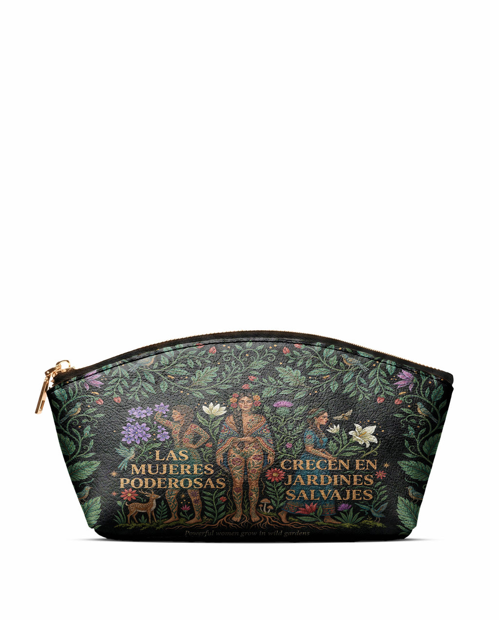 "Las mujeres poderosas crecen en jardines salvajes" ver.1 Eclipse Makeup Bag - front view | Paleta Bags