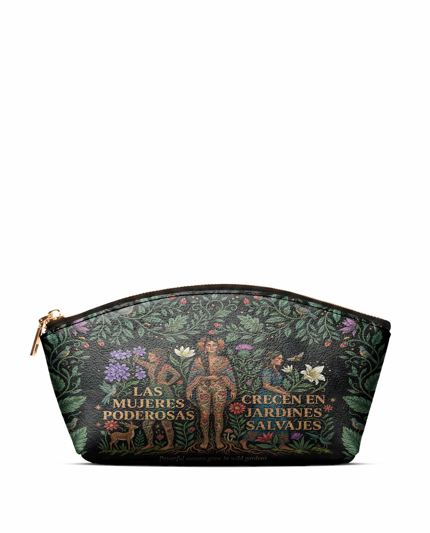 "Las mujeres poderosas crecen en jardines salvajes" ver.1 Eclipse Makeup Bag - front view | Paleta Bags