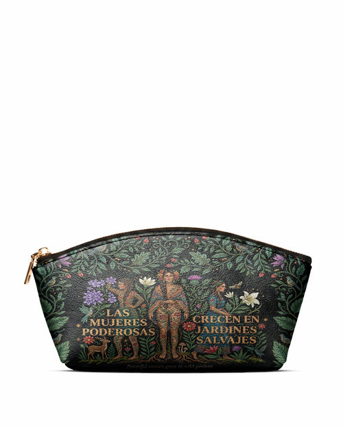 "Las mujeres poderosas crecen en jardines salvajes" ver.1 Eclipse Makeup Bag - front view | Paleta Bags