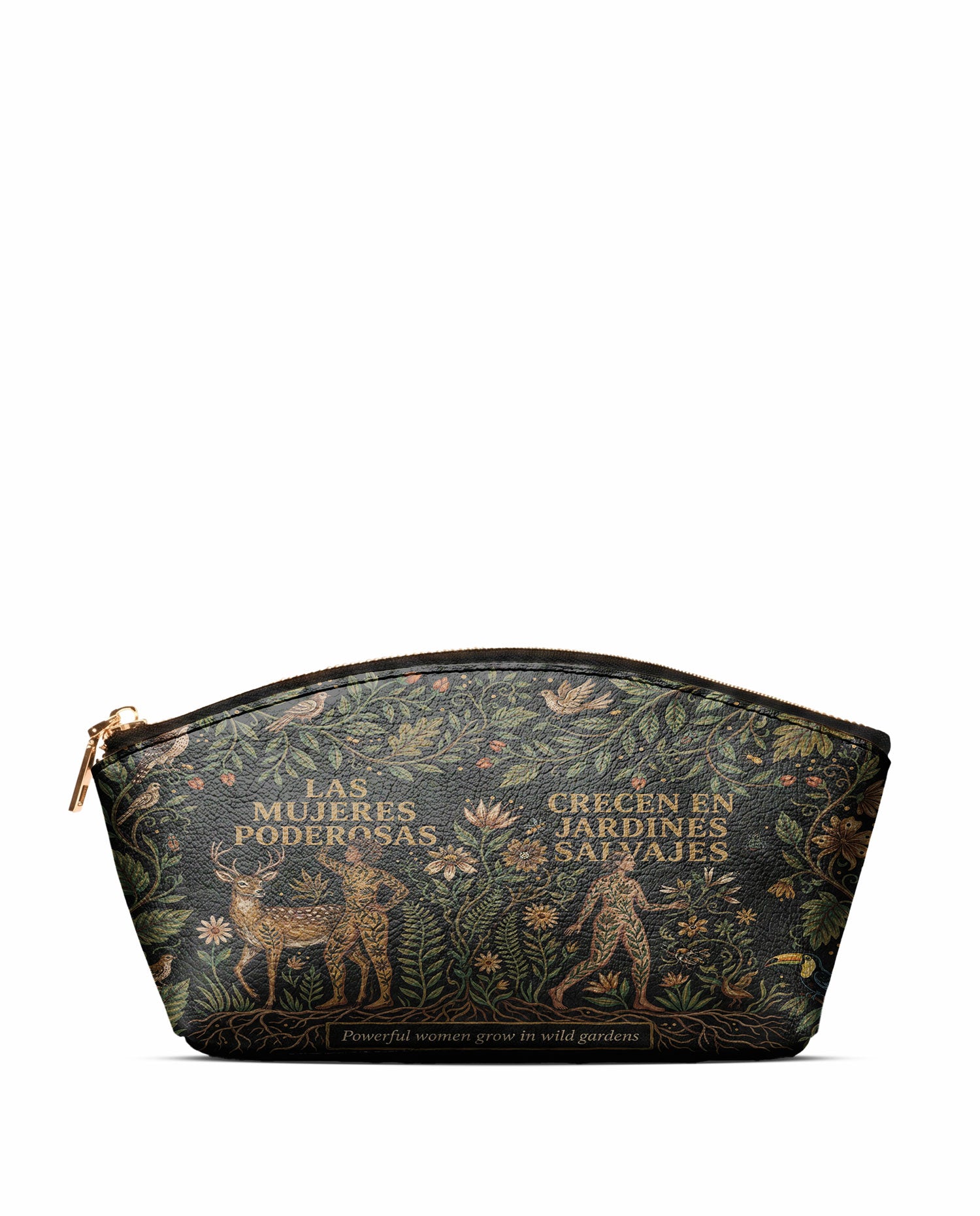 "Las mujeres poderosas crecen en jardines salvajes" ver.3 Eclipse Makeup Bag - front view | Paleta Bags