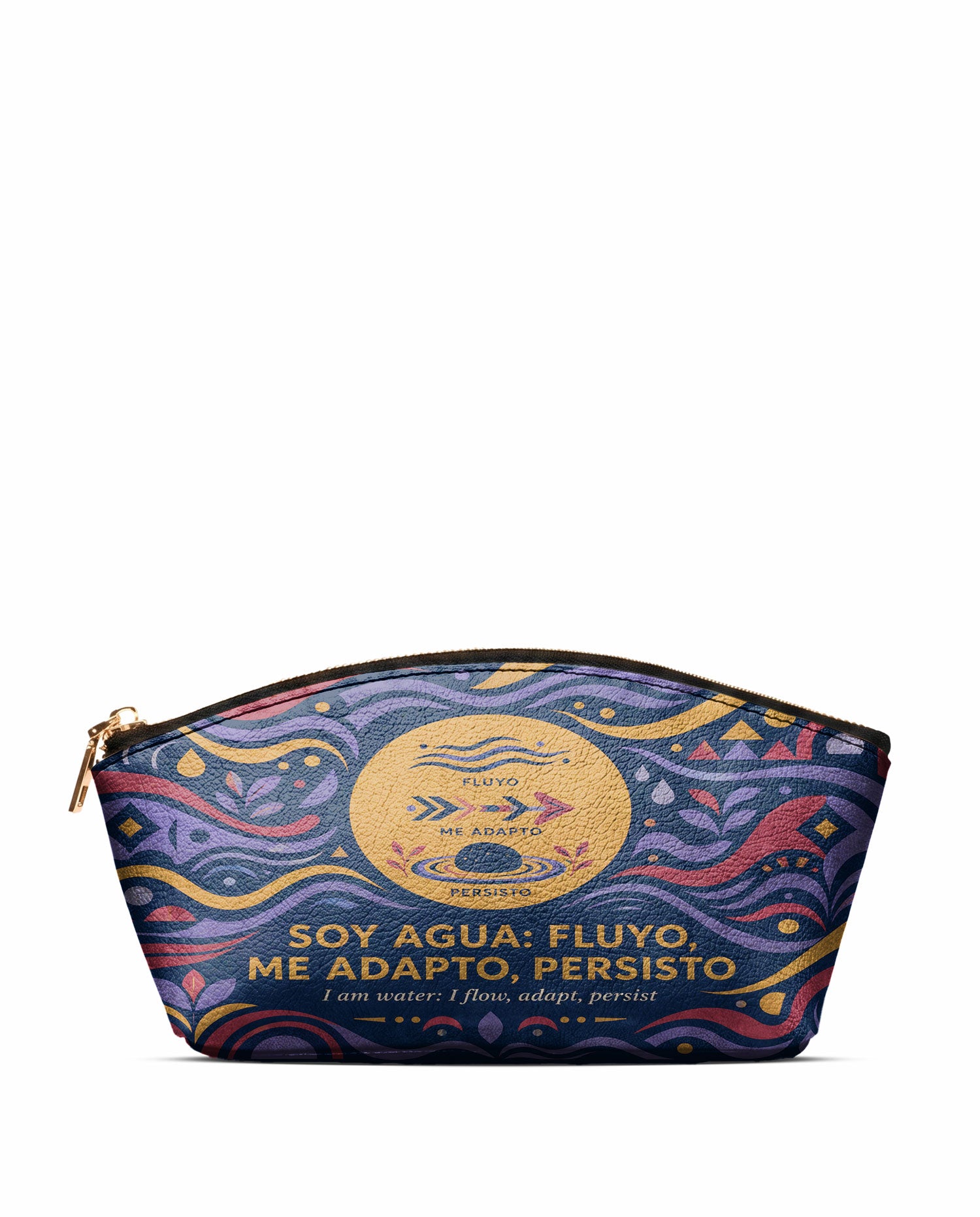"Soy agua fluyo, me adapto, persisto" ver.3 Eclipse Makeup Bag - front view | Paleta Bags