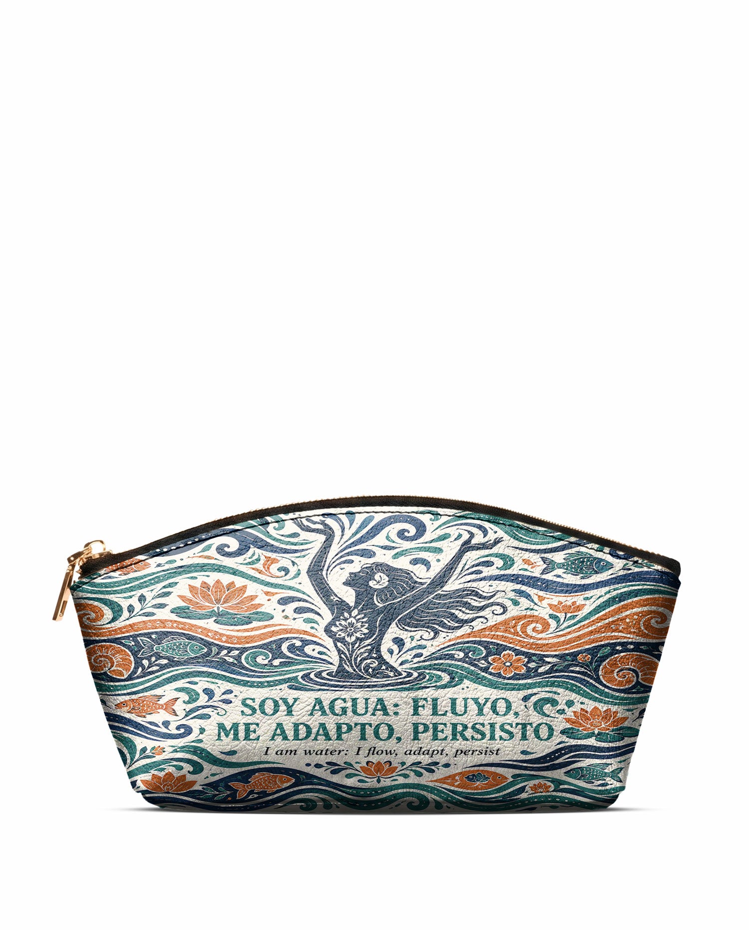 "Soy agua fluyo, me adapto, persisto" ver.1 Eclipse Makeup Bag - front view | Paleta Bags