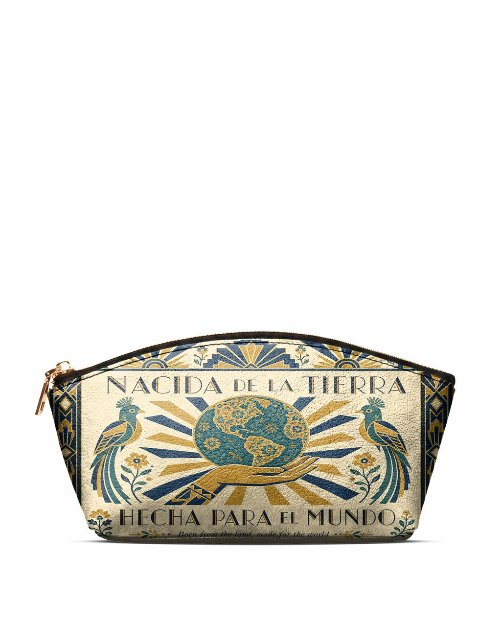 "Nacida de la tierra, hecha para el mundo" ver.2 Eclipse Makeup Bag - front view | Paleta Bags
