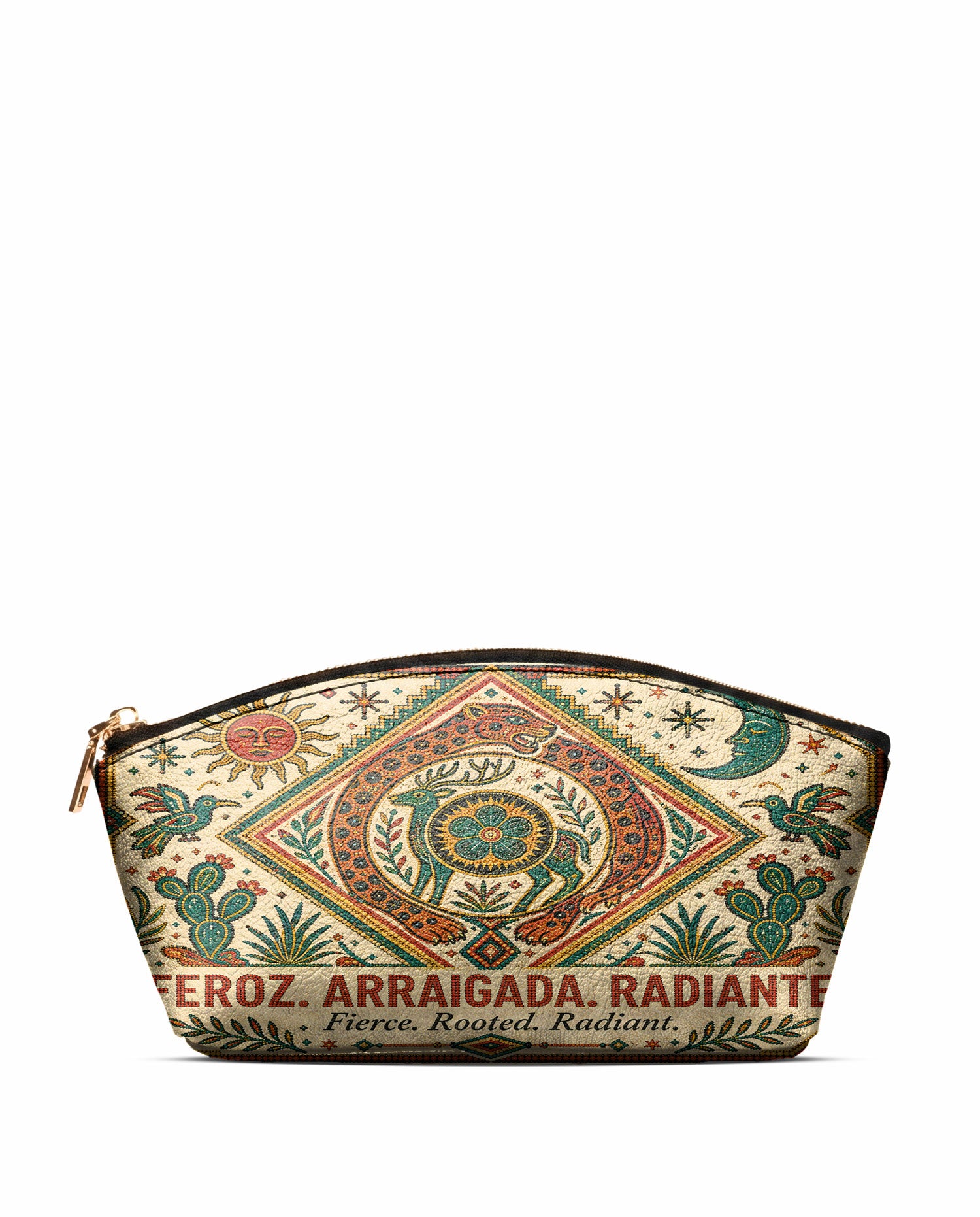 "Feroz. Arraigada. Radiante" ver.2 Eclipse Makeup Bag - front view | Paleta Bags