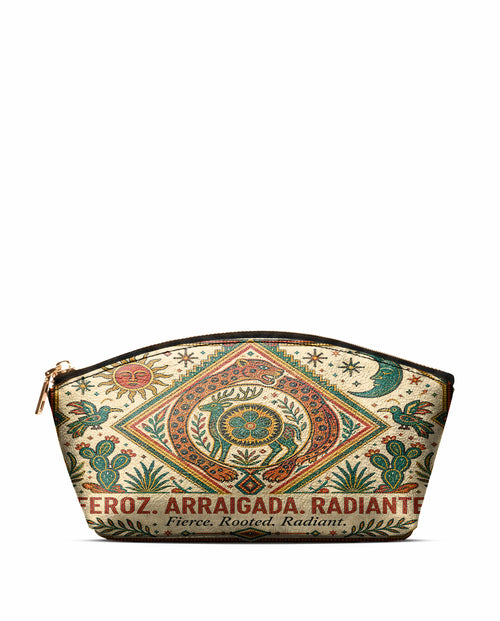 "Feroz. Arraigada. Radiante" ver.2 Eclipse Makeup Bag - front view | Paleta Bags