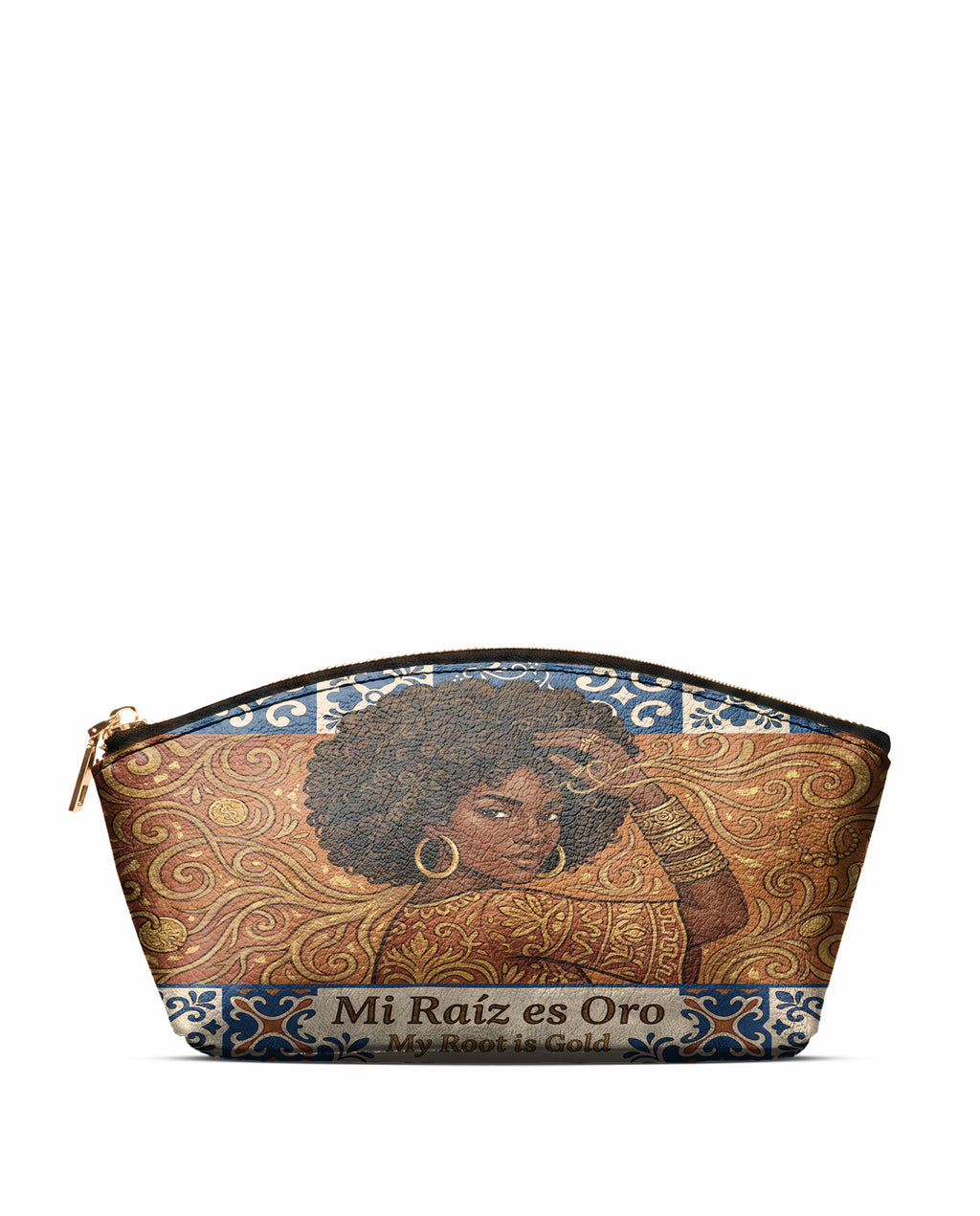 "Mi Raíz es Oro" ver.1 Eclipse Makeup Bag - front view | Paleta Bags