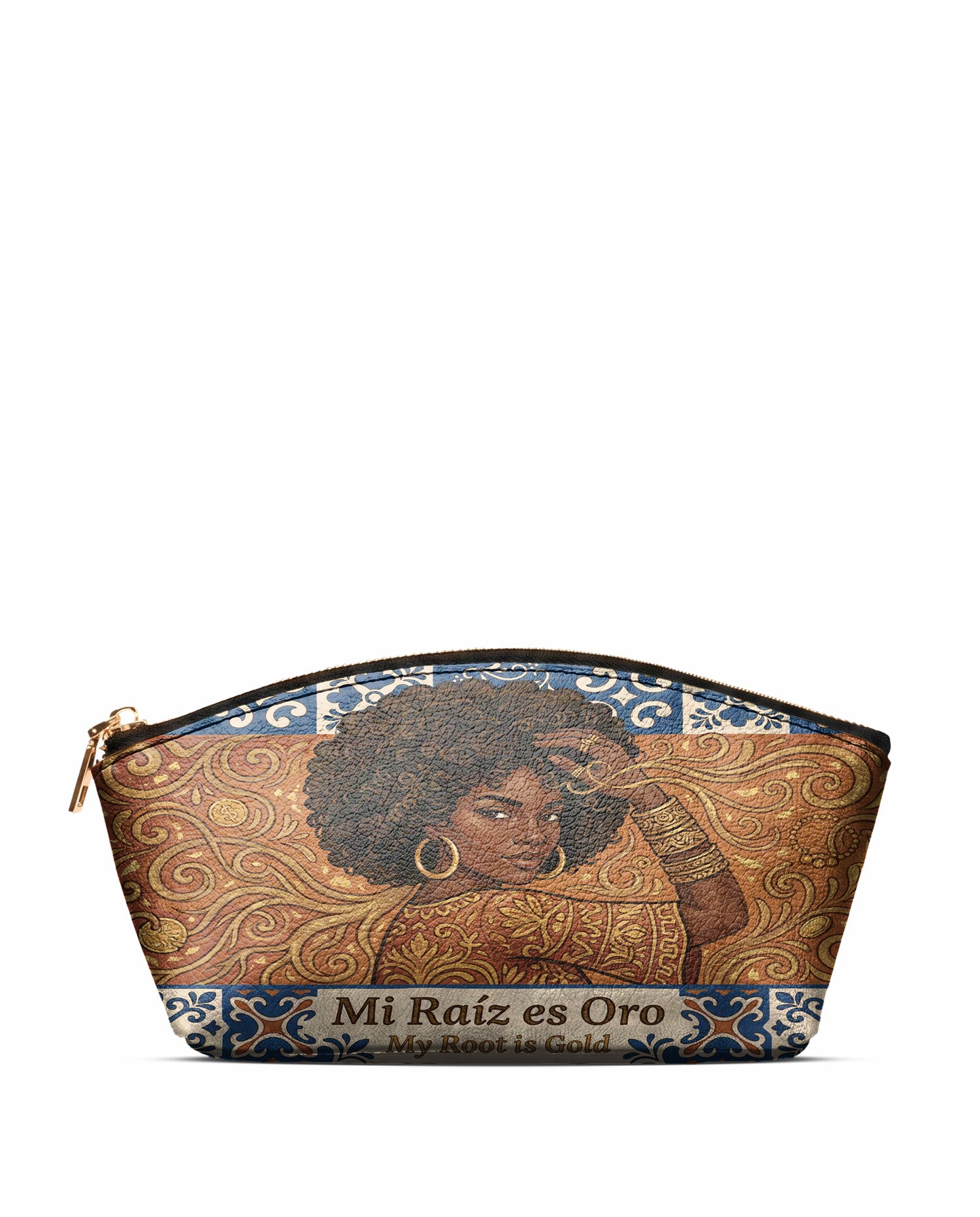 "Mi Raíz es Oro" ver.1 Eclipse Makeup Bag - front view | Paleta Bags