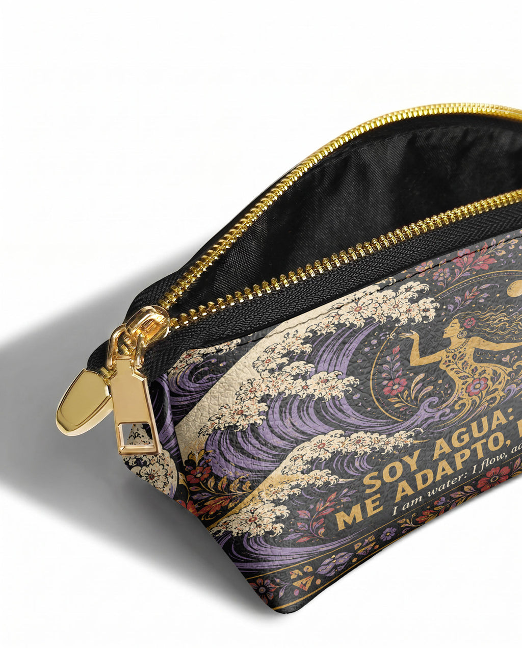 "Soy agua fluyo, me adapto, persisto" ver.2 Eclipse Makeup Bag - side view | Paleta Bags