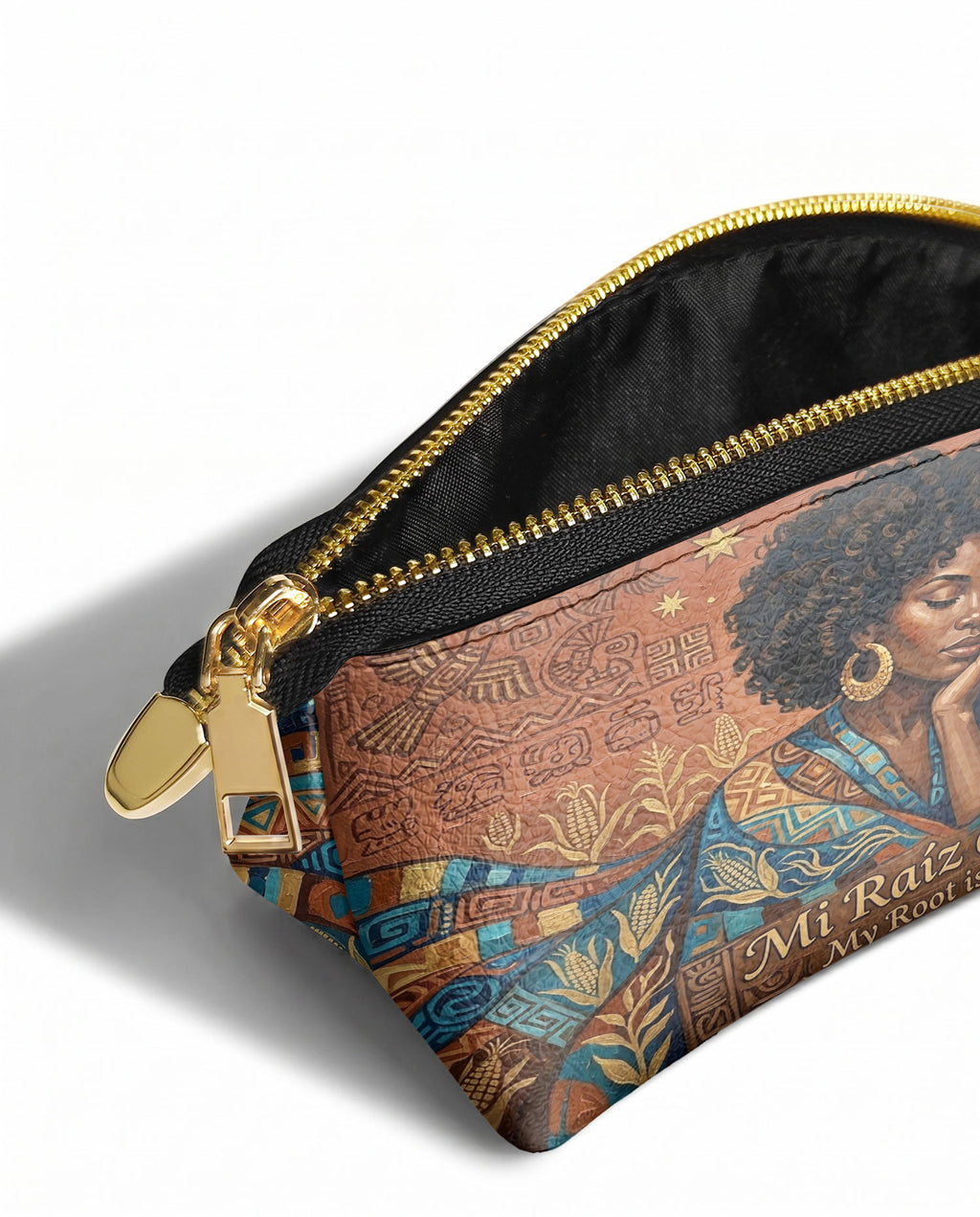 "Mi Raíz es Oro" ver.4 Eclipse Makeup Bag - side view | Paleta Bags