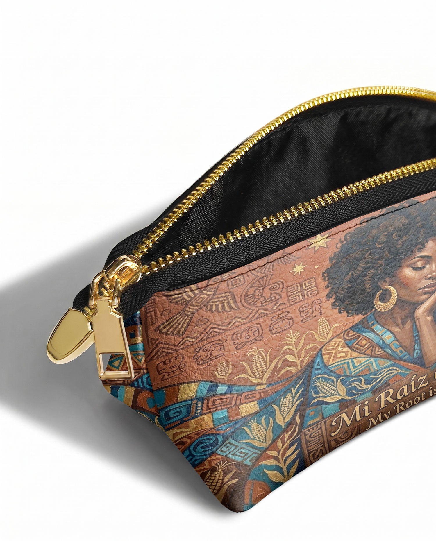 "Mi Raíz es Oro" ver.4 Eclipse Makeup Bag - side view | Paleta Bags