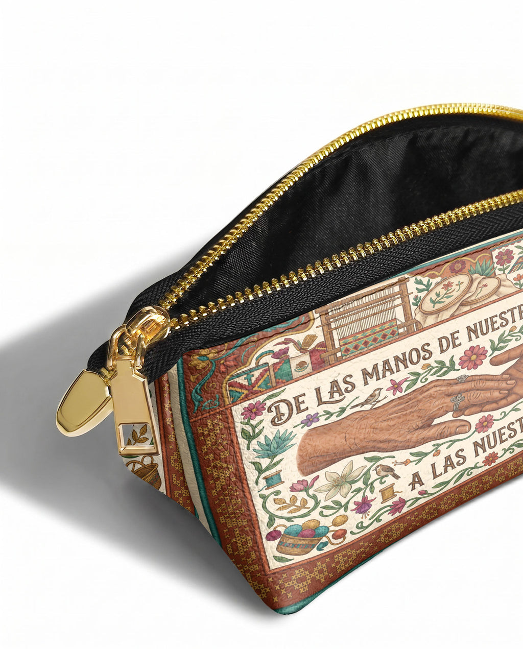 "De las manos de nuestras abuelas a las nuestras" ver.4 Eclipse Makeup Bag - side view | Paleta Bags