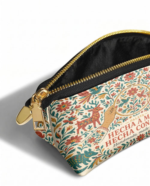 "Hecha a mano, hecha con amor" ver.1 Eclipse Makeup Bag - side view | Paleta Bags