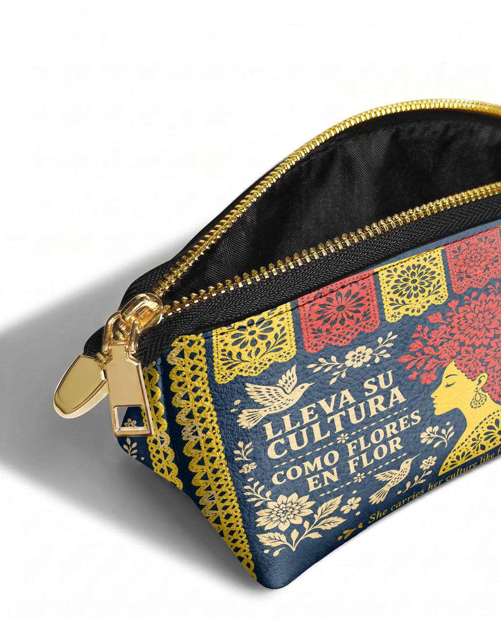 "Lleva su cultura como flores en flor" ver.2 Eclipse Makeup Bag - side view | Paleta Bags