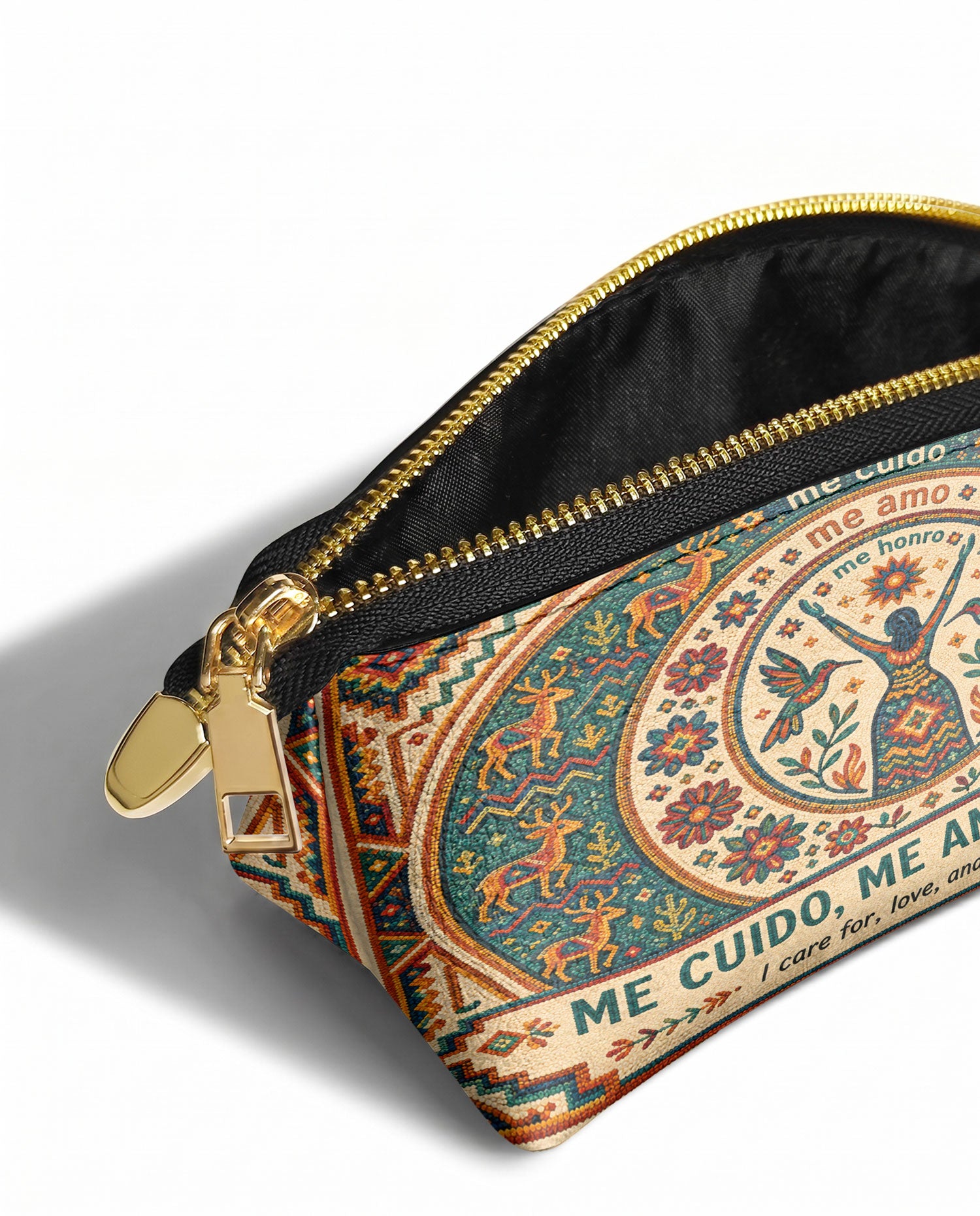 "Me cuido, me amo, me honro" ver.1 Eclipse Makeup Bag - side view | Paleta Bags