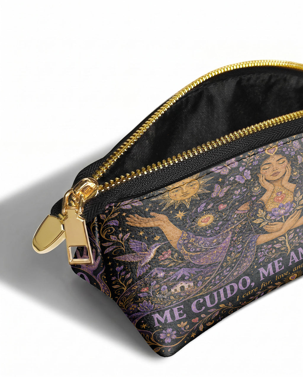 "Me cuido, me amo, me honro" ver.2 Eclipse Makeup Bag - side view | Paleta Bags