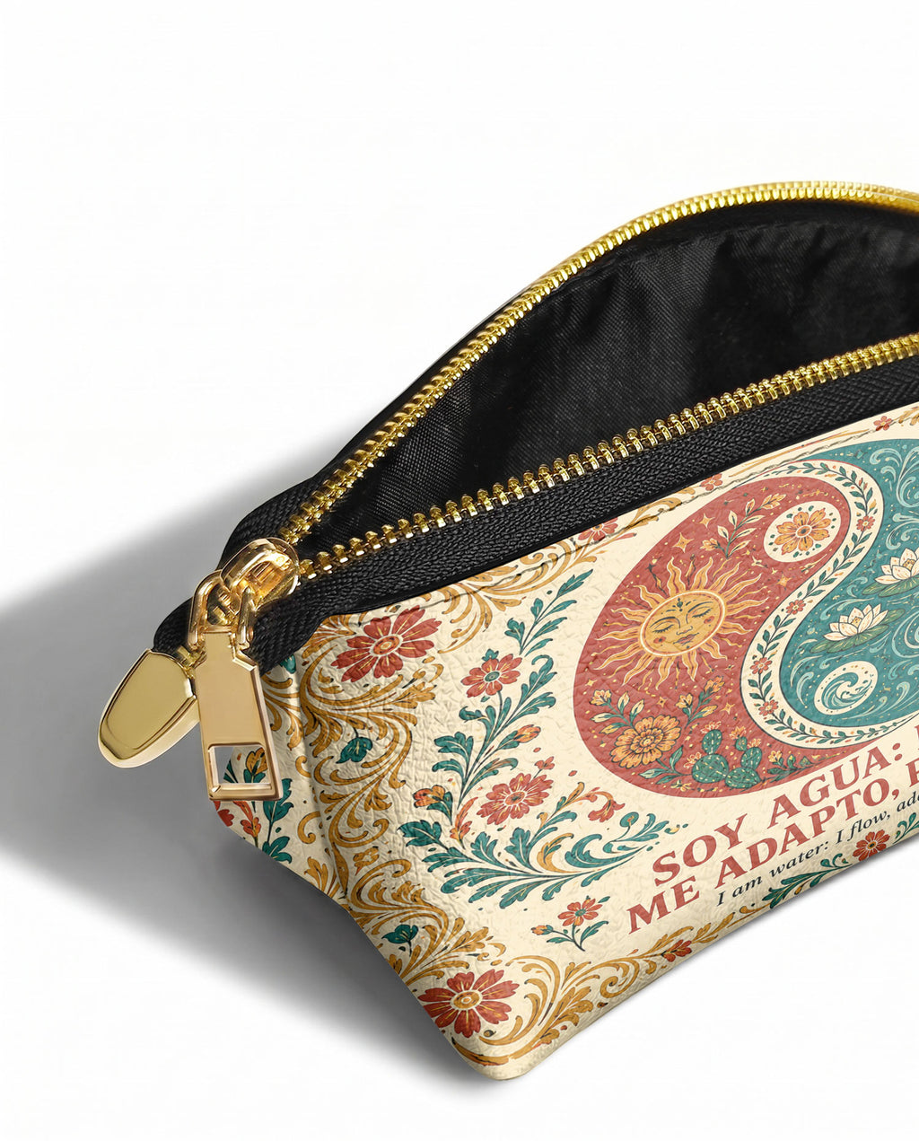 "Soy agua fluyo, me adapto, persisto" ver.5 Eclipse Makeup Bag - side view | Paleta Bags