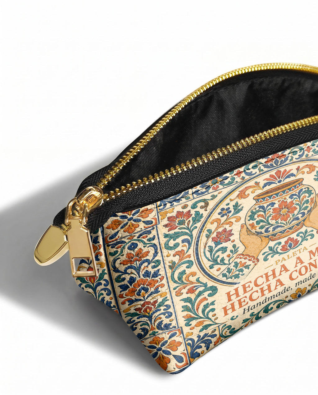 "Hecha a mano, hecha con amor" ver.2 Eclipse Makeup Bag - side view | Paleta Bags