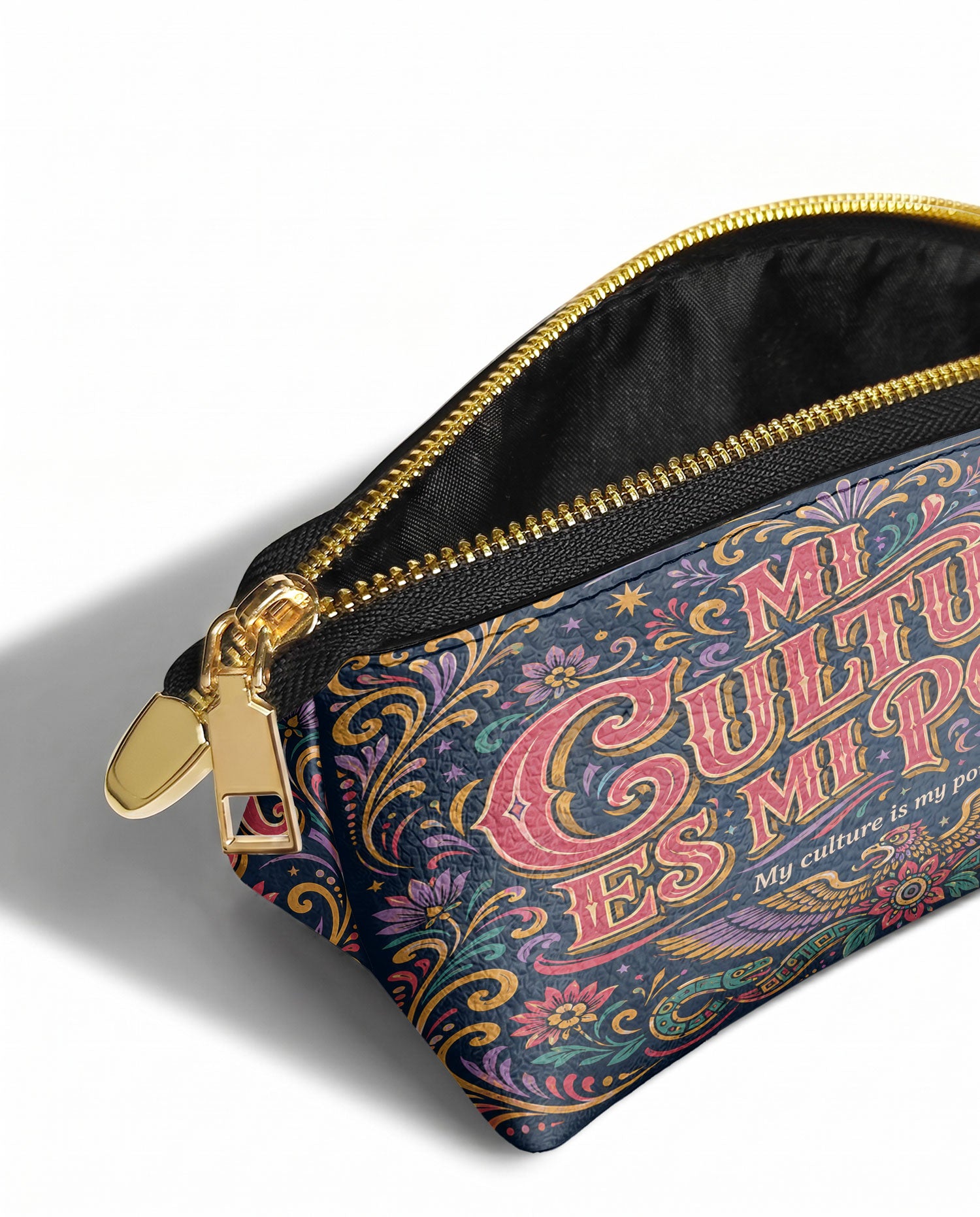 "Mi cultura es mi poder" ver.2 Eclipse Makeup Bag - side view | Paleta Bags