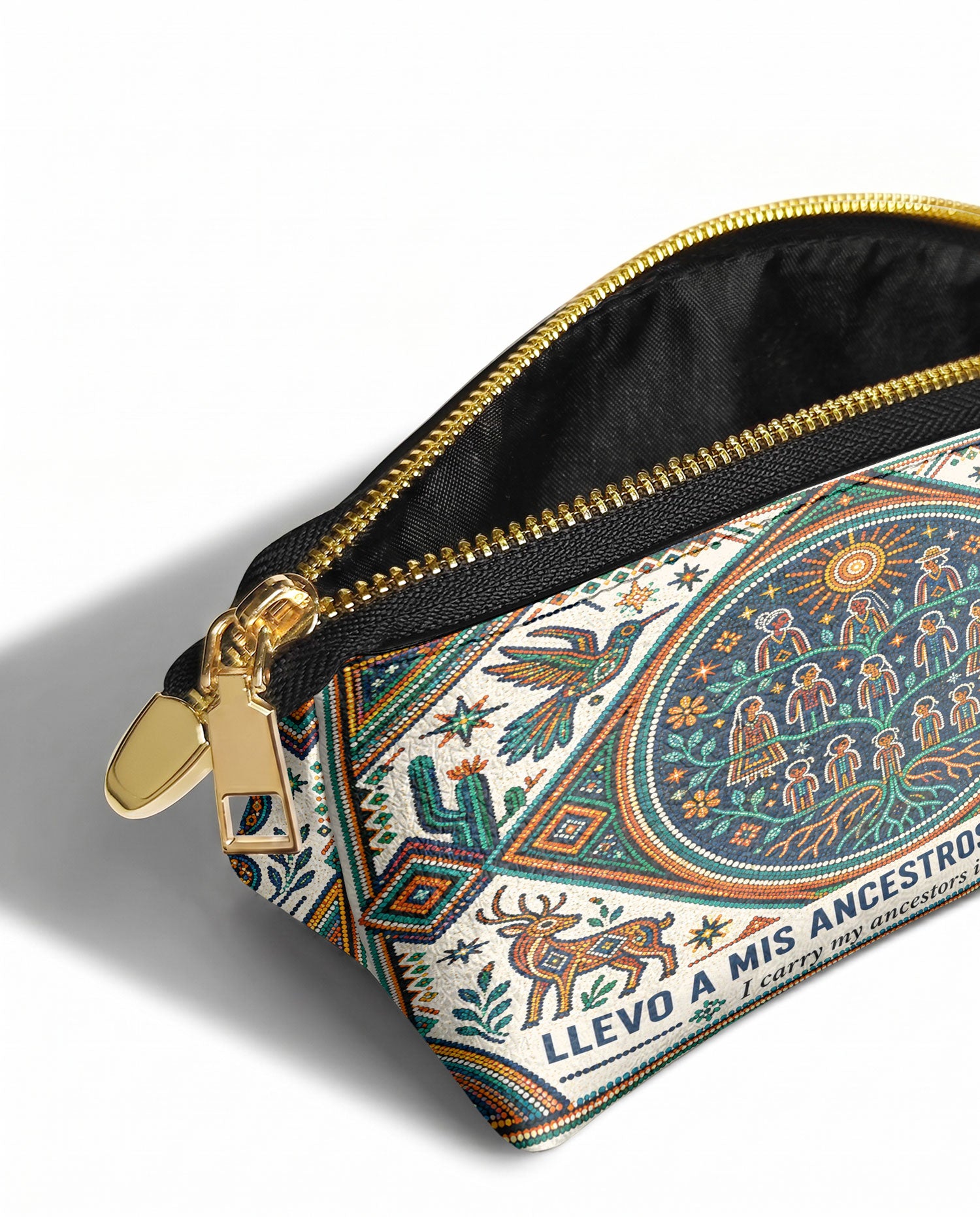 "Llevo a mis ancestros en la sangre" ver.4 Eclipse Makeup Bag - side view | Paleta Bags