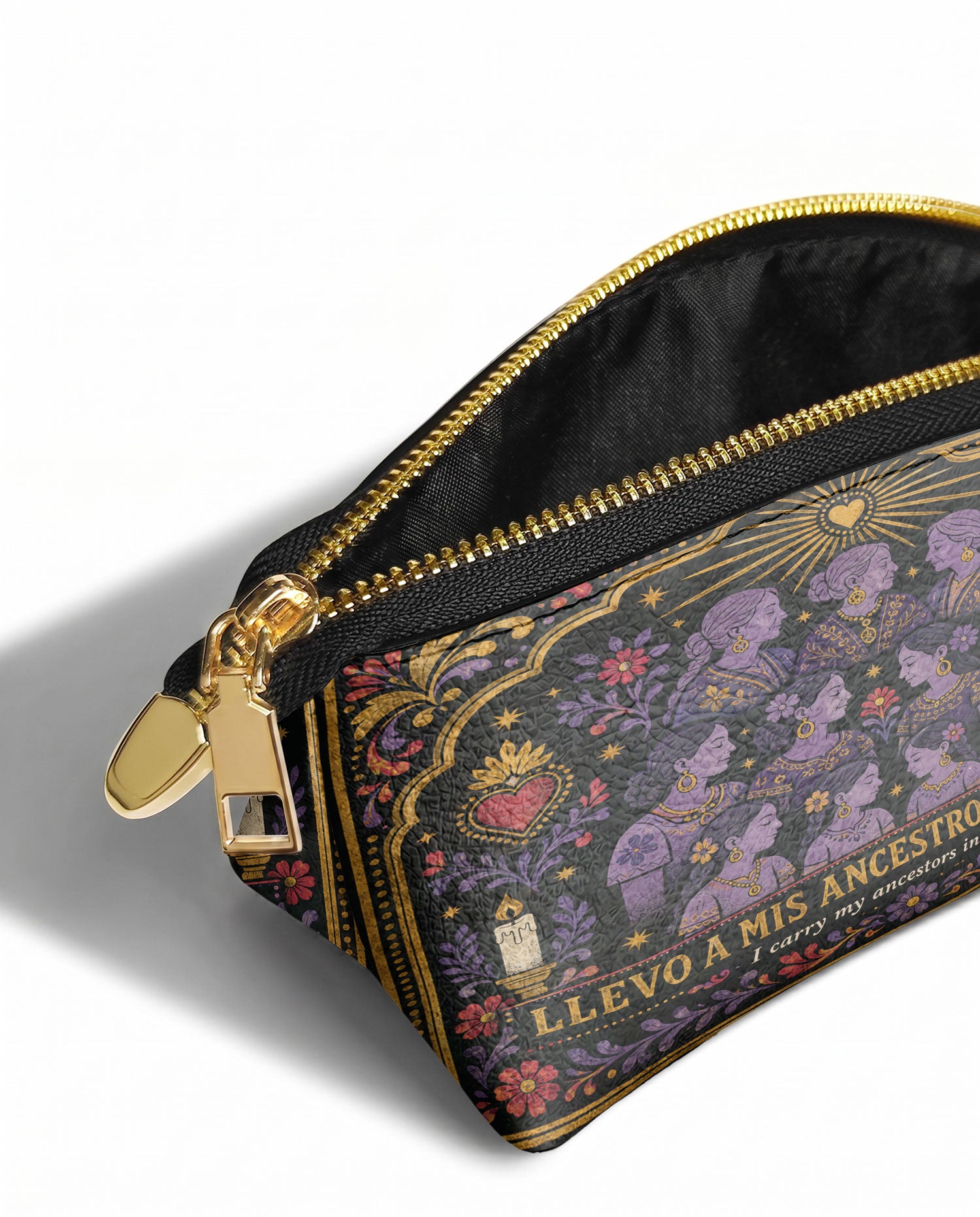 "Llevo a mis ancestros en la sangre" ver.3 Eclipse Makeup Bag - side view | Paleta Bags