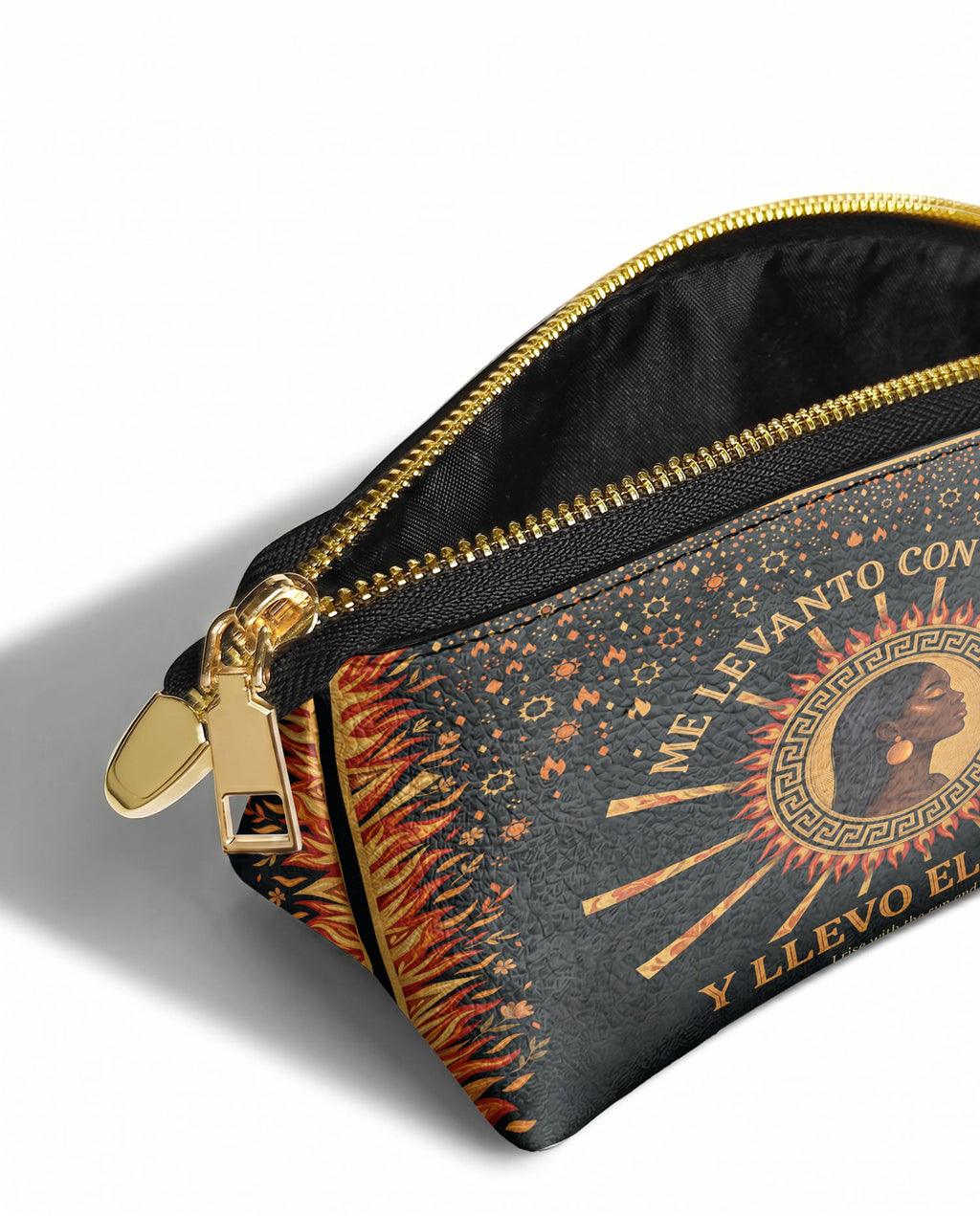 "Me levanto con el sol y llevo el fuego" ver.1 Eclipse Makeup Bag - side view | Paleta Bags