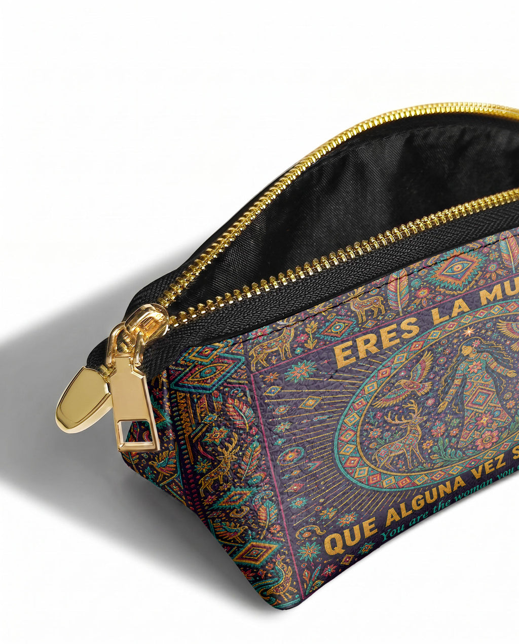 "Eres la mujer que alguna vez soñaste ser" ver.8 Eclipse Makeup Bag - side view | Paleta Bags