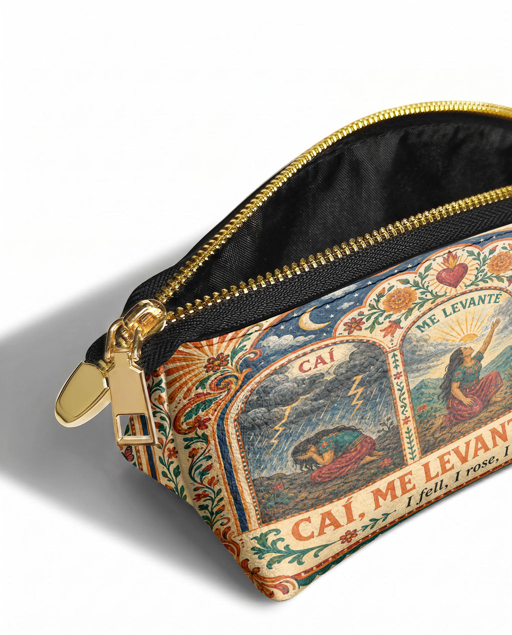 "Caí, me levanté, florecí" ver.1 Eclipse Makeup Bag - side view | Paleta Bags